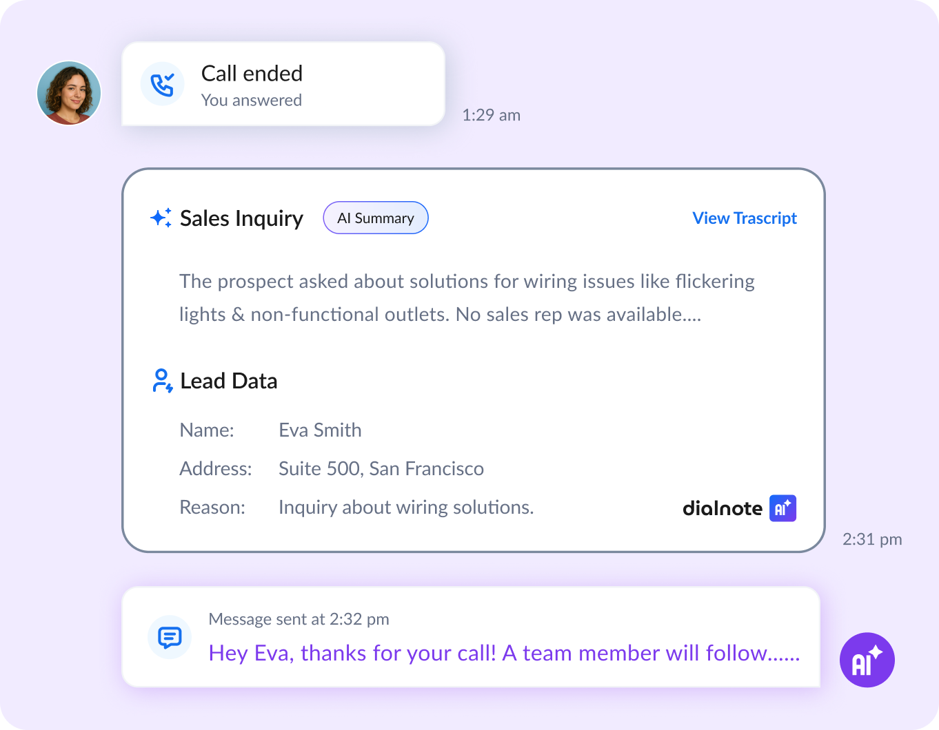 dialnote AI agent dashboard showing 24/7 call handling with lead capture and call routing features