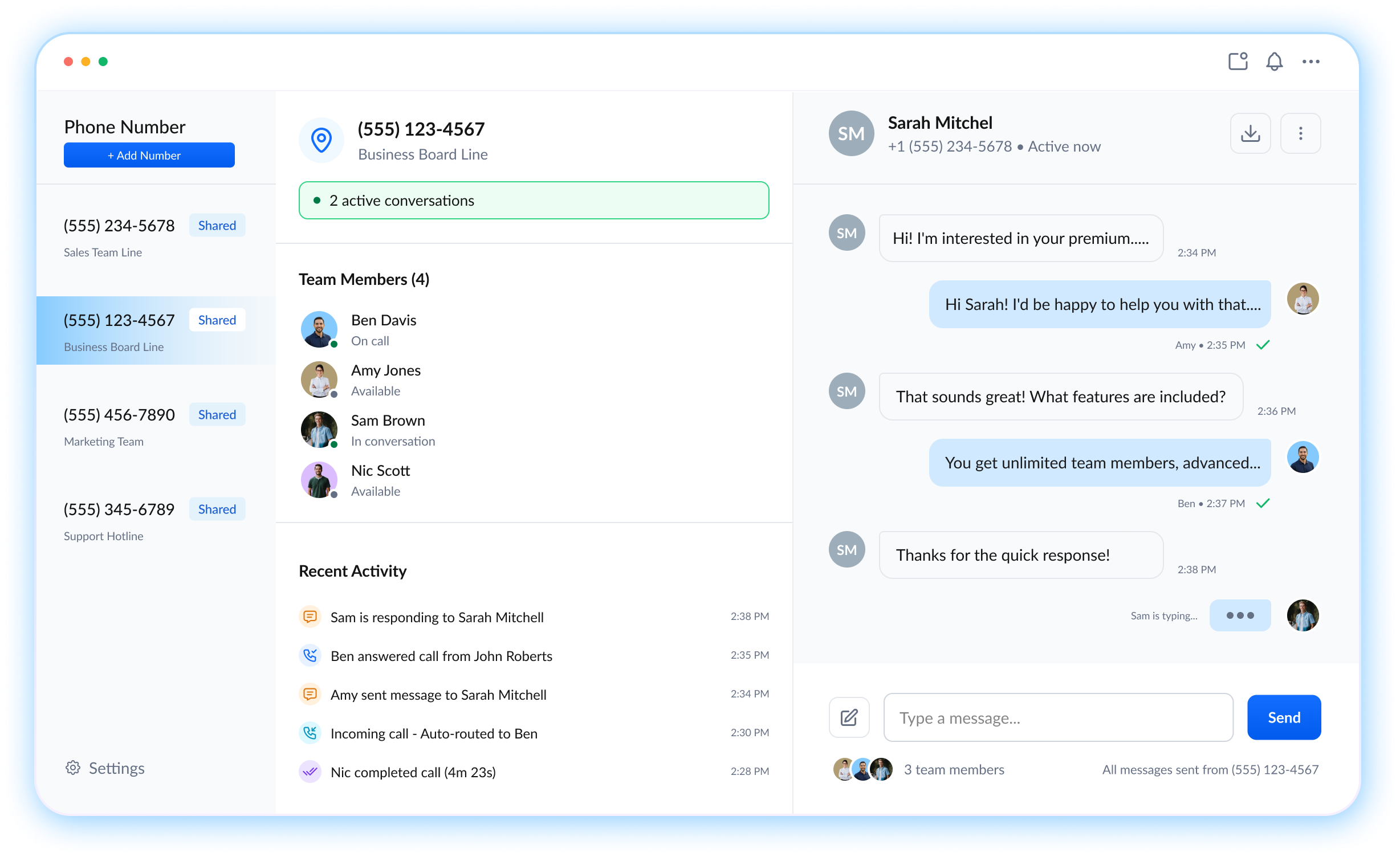 dialnote shared numbers feature showing multiple team members handling calls from one business number