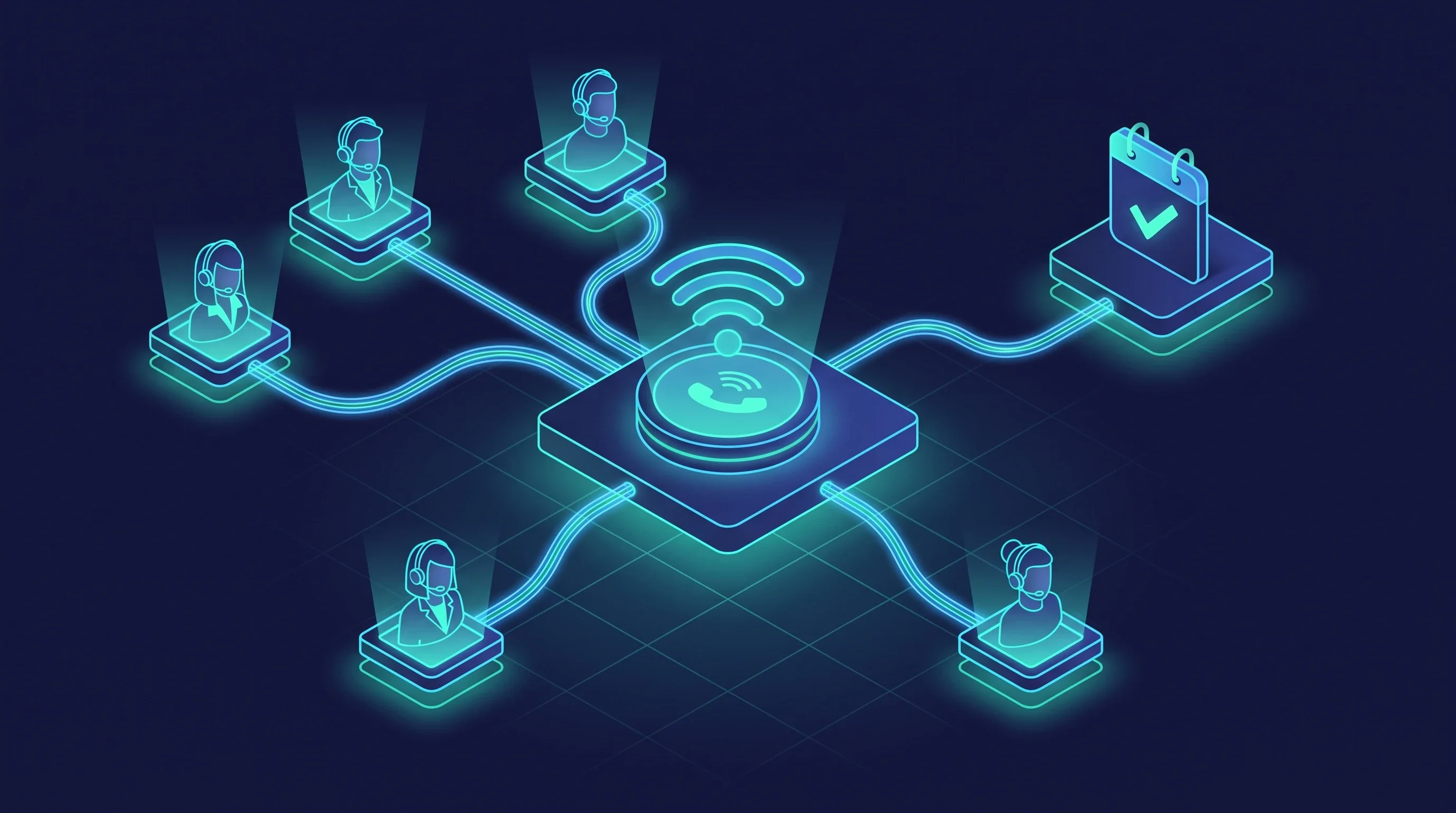 Ilustración isométrica de un equipo de ventas usando un sistema telefónico VoIP para atender llamadas entrantes