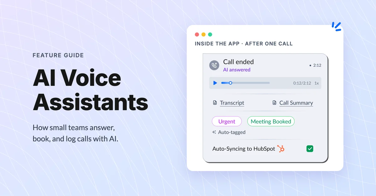 AI voice assistants for small business shown in the dialnote app after one call, marked AI answered with transcript, auto-tags, meeting booked, and HubSpot sync